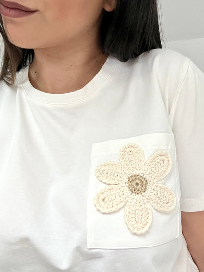 T-shirt fleur en crochet BOHEME - Blanc/Beige