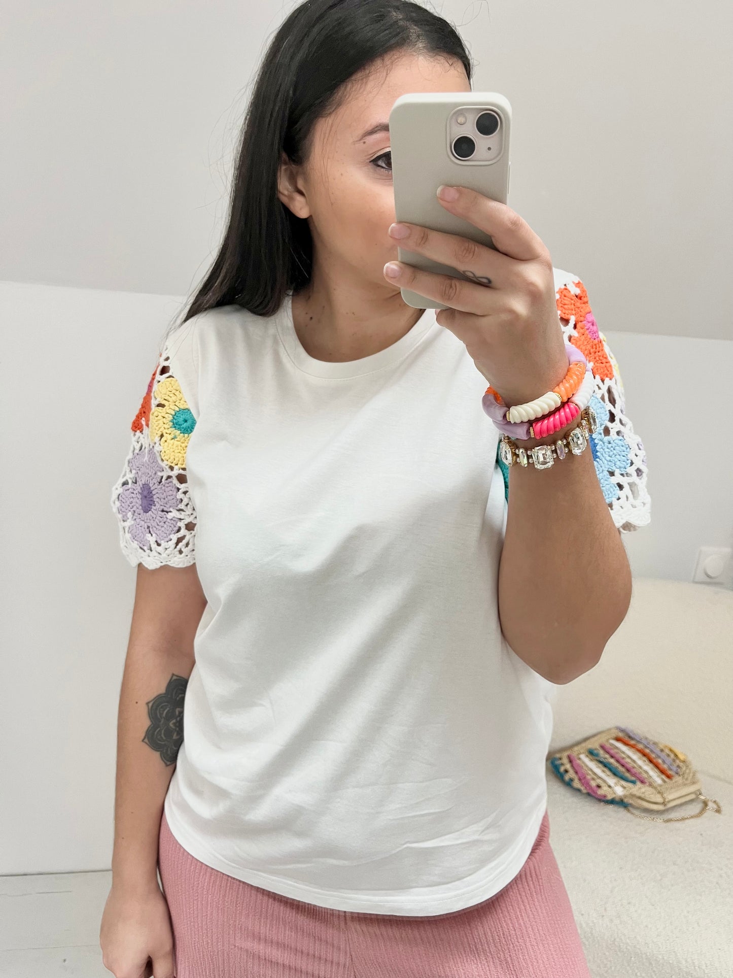 T-shirt à manches en crochet FLOWER - Blanc