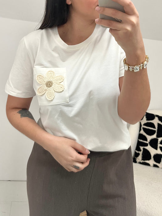 T-shirt fleur en crochet BOHEME - Blanc/Beige